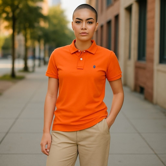 US Polo Assn Ladies Top Size Medium Orange And Purple Gently Used Short Sleeves - Picture 2 of 7